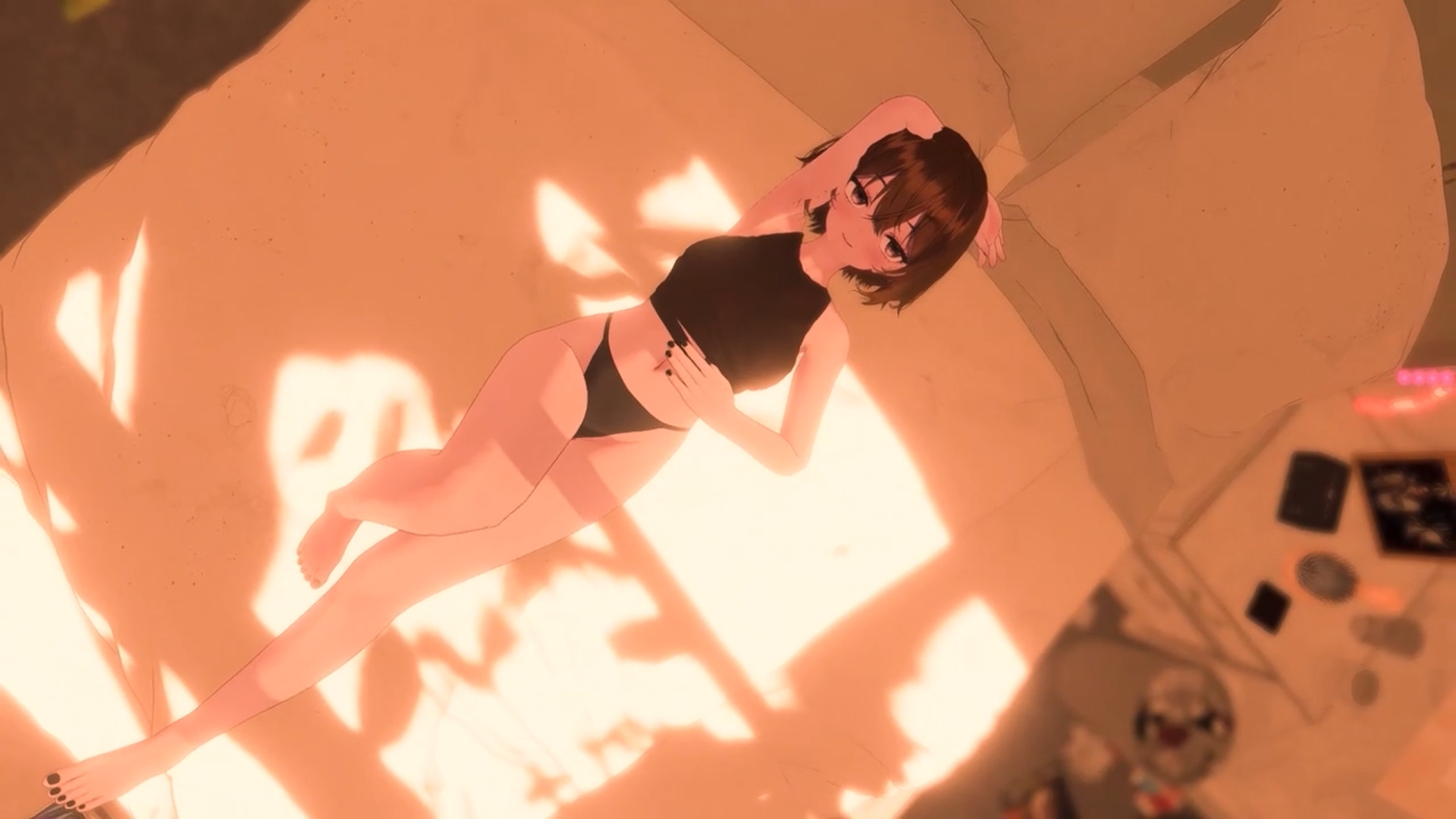 Rin lying on her bed in warm sunlight