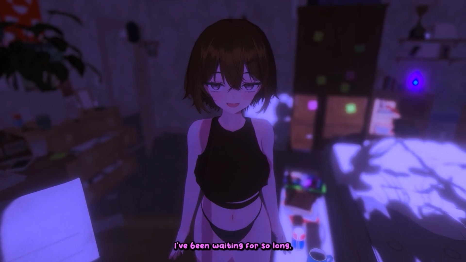 Rin waiting for the player in her room at night